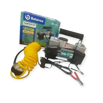 Компрессор 2 цилин Balansa 200W, 10атм, 60л, 20А, 5м шланг спирал c ман, клемы, насадки, сумка, фонарь