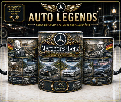 Кружка (чашка) з принтом історія Mercedes-Benz | серія AUTO LEGENDS | Керамічна 330 мл(чорна ручка)