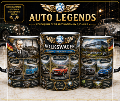 Кружка (чашка) с принтом история Volkswagen | серия AUTO LEGENDS | Керамическая 330 мл(чёрная ручка)