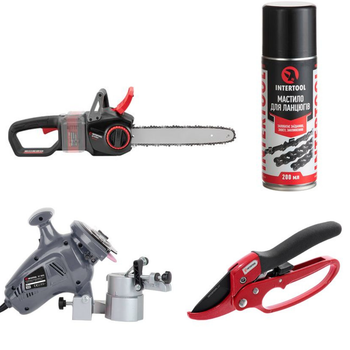 Набор для сада INTERTOOL: аккумуляторная пила WT-9211 + станок DT-0850 + секатор FT-1005 + смазка FS-4215