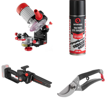 Набор для сада INTERTOOL: аккумуляторная мини-пила WT-9210 + станок WT-0830 + секатор FT-1001 + смазка FS-4215