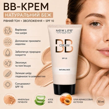 ВВ Крем Тональний Для Обличчя Натуральний Беж SPF-10 Нове Життя (New Life) З Алое Вера та Мінеральними Пігментами 30 мл