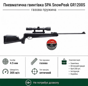 Пневматическая винтовка SPA Snow Peak GR1200S с газовой пружиной + Оптический прицел и Пули 250шт