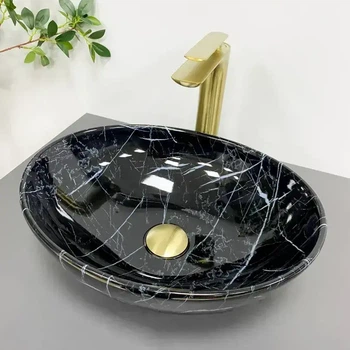 Умывальник накладной VBI Parma Black Stone Glossy 415x310 овальный, с узором (VBI-011014)