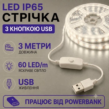 Світлодіодна LED стрічка IP65 3 метри із кнопкою USB 5V, білий нейтральний, вологозахист силікон світильник для підсвічування кухні шаф