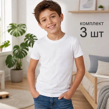 Футболка 3 шт детская для мальчика подростка белая Baykar р 8 170-176 см 15-16 лет 100% хлопок арт 2222-01