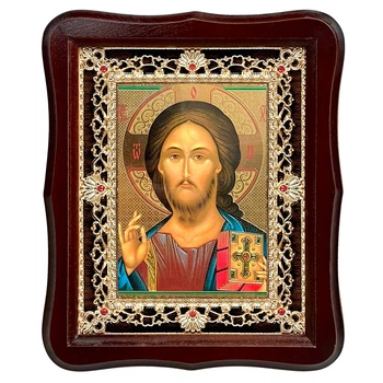 Ікона Спаситель Ісус Христос, обличчя 15х18 см, у темному дерев'яному кіоті з камінням, 07760