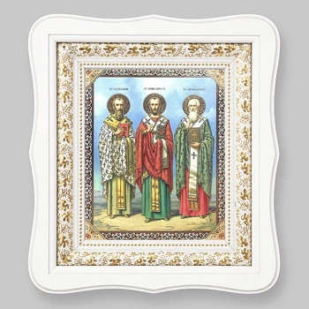 Ікона Василя Великого, Іоанна Златоуста, Григорія Богослова, обличчя 15х18 см, у білому фігурному кіоті, тип 3