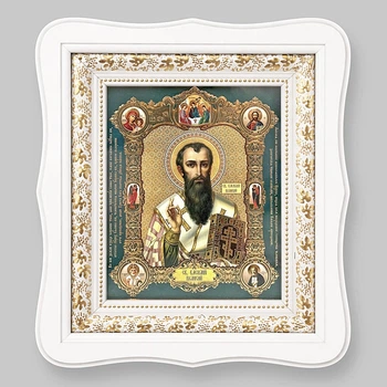 Ікона Василь Великий святитель, обличчя 15х18 см, у білому фігурному дерев'яному кіоті, тип 3