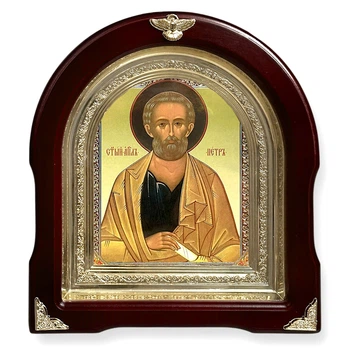 Икона Святого Петра, лик 15х18 см, в темном деревянном киоте, арка