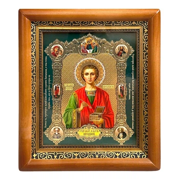 Ікона Пантелеймон святий великомученик і цілитель, лик 15х18 см, у коричневому прямому дерев'яному кіоті, 53027