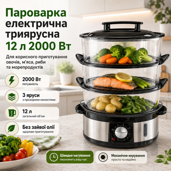 Пароварка электрическая 12 л 2000 Вт трехъярусная мантоварка с таймером автоматическое отключение защита от перегрева