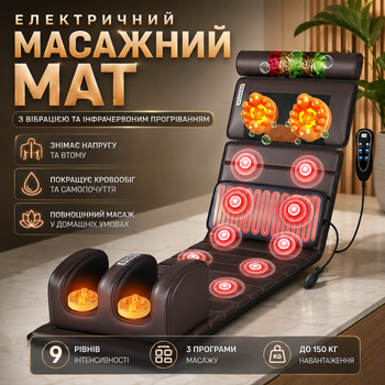 Електричний масажний мат для шиї, спини, сідниць і ніг з вібрацією та інфрачервоним прогріванням Масажний матрац-накидка для всього тіла 9 режимів інтенсивності і 3 автоматичні програми