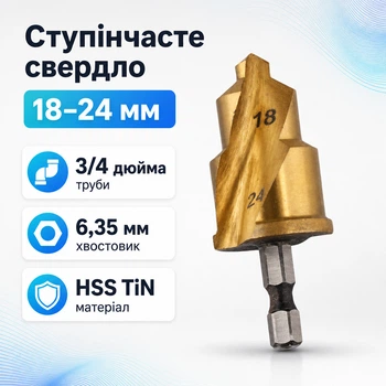 Ступенчатое сверло 18-24мм для PPR труб и восстановления фитингов, титан