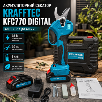 Секатор аккумуляторный Krafftec KFC770 Digital 48 В 6 А·ч садовый электрический сучкорез 40 мм бесщеточный ножницы со стальным лезвием цифровой дисплей регулировка глубины реза для обрезки деревьев винограда кустов веток сада с 2 АКБ кейсом