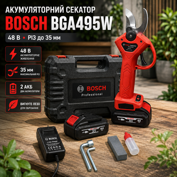 Секатор аккумуляторный BOSCH BGA495W 48 В садовый электрический сучкорез 35 мм ножницы для обрезки деревьев изогнутое лезвие беспроводной инструмент для веток кустарников кустов молодых деревьев сада дачи с 2 АКБ кейсом