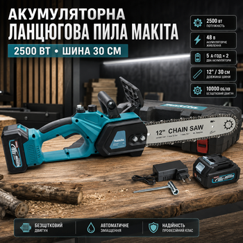 Пила аккумуляторная Makita 48 В 5 А·ч цепная 2500 Вт шина 12 дюймов электропила 30 см бесщеточная автоматическая смазка 10000 об мин шаг 3 8 садовая для заготовки дров обрезки веток распиливания бревен досок древесины с 2 АКБ кейсом