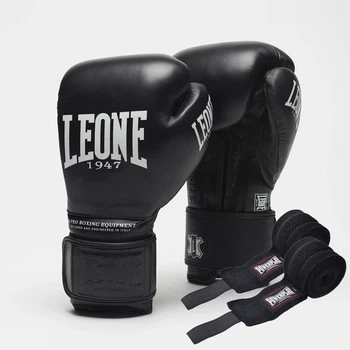 Боксерские перчатки Leone GN111 THE GREATEST черные 10 унций (в комплекте бинты длиной 4 м)