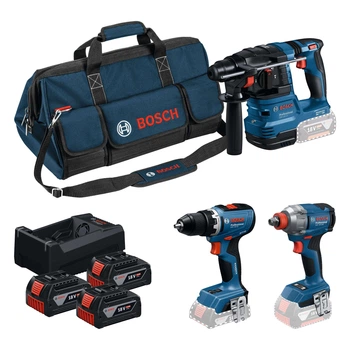 Zestaw Bosch Professional wkrętarka GSR 18V-65 + klucz udarowy GDX 18V-285 + młotowiertarka GBH 18V-22, 3 akumulatory GBA 5 Ah, ładowarka GAL 18V-40, torba M-bag (4053423619454)