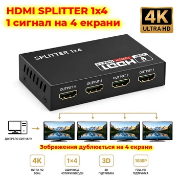 Сплитер видеосигнала 1x4 HDMI 4K дублирование сигнала на 4 выхода разветвитель сплиттер