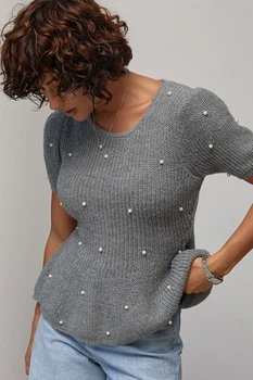 В'язана кофта з баскою та перлинами - сірий цвет, ONE SIZE (є розміри)