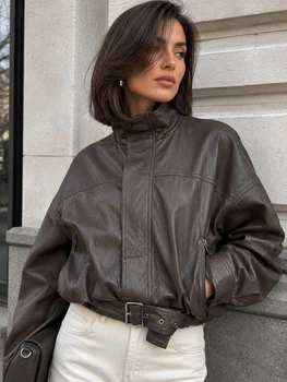 Куртка женская Lady Yep 30505 из экокожи оверсайз бомбер со скрытым ремнем M коричневая