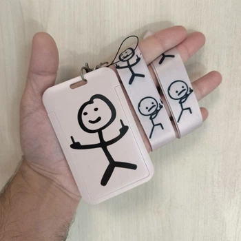 Бейдж-картхолдер із ремінцем на шию Стікмен (Stickman Meme), вертикальний чохол для пропуску, ID-карт та ключів, Бежевий