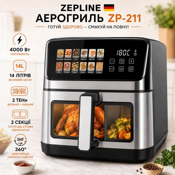 Аэрогриль с 2-мя секциями для жарки и запекания Zepline 4000W Аэрофритюрница на 2 ТЕНа ZP-211 Black