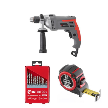 Набор для монтажа INTERTOOL: дрель DT-0121 + сверла SD-0113 + рулетка MT-0845