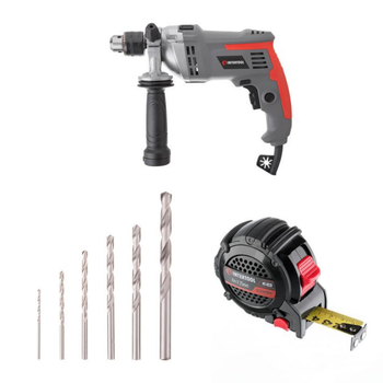 Набор для монтажа INTERTOOL: дрель DT-0121 + сверла SD-0028 + рулетка MT-0828