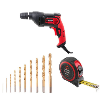 Набор для монтажа INTERTOOL: дрель WT-0115 + сверла SD-0027 + рулетка MT-0833