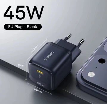 Сетевое зарядное устройство Baseus GaN 45W USB-C PD/PPS QC3.0 для iPhone 17/16/15, Samsung, Xiaomi