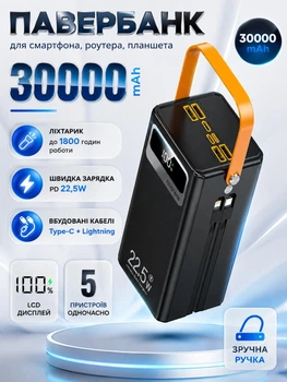 Повербанк 30000 mah 22.5W Qinetiq RQ-30 з LED дисплеєм і швидкою зарядкою PD/QC кабель Type-C в комплекте powerbank 30 000 павербанк для телефона apple айфона iphone самсунг samsung роутера планшета універсальний павербанк з ліхтариком Space black