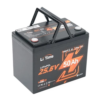 Аккумуляторная батарея LiFePO4 Li-TIME 25.6V 50Ач 1280Wh Bluetooth 5.0, 6000Cycles, BMS50A, ≤40mΩ, IP65, L206 B168 H211 mm, 9.6 kg