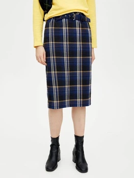 Юбка миди Pull & Bear 9398/382/400-AAPI прямая в клетку тартан синяя размер L с ремнем на талии и высокой посадкой 100% хлопок