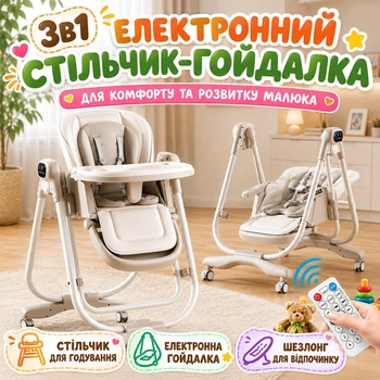 Стульчик для кормления + качели / Детский регулируемый стол для кормления 3в1 / Электронный шезлонг для новорожденных (md-17904)