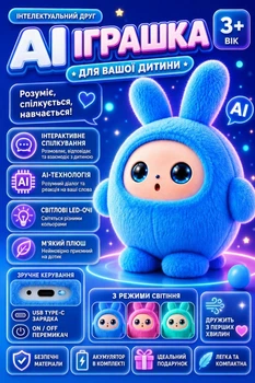 Интерактивный "Зайчик" с искусственным интеллектом - умная плюшевая игрушка с анимированными глазами, музыкой и голосовым взаимодействием, USB Type-C Голубой (md-17703)