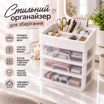 Органайзер для хранения с 3 выдвижными ящиками и секциями, универсальный органайзер для косметики, канцелярии, рукоделия и аксессуаров