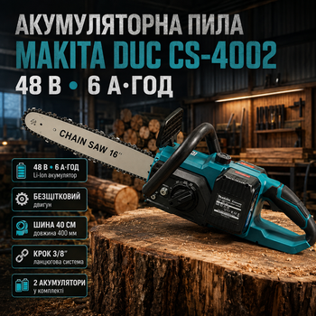 Пила акумуляторна Makita DUC CS-4002 48 В ланцюгова безщіткова 6 А·год електропила з шиною 40 см садова 3/8 для обрізки дерев гілок колод дачі будівництва з 2 батареями