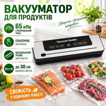 Вакууматор для продуктов 65 кПа, вакуумный упаковщик с запайкой, сенсорным управлением и резаком, для пакетов до 30 см