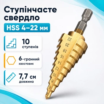 Универсальное профессиональное ступенчатое шаговое сверло по металлу HSS 4-22 мм 670656