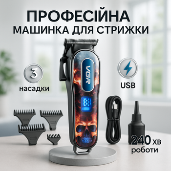 Триммер для бороды аккумуляторный VGR V-260 RED с LED индикатором, 3 насадки