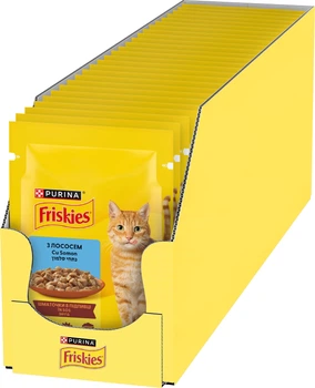 Упаковка вологого корму для кішок Purina Friskies шматочки в підливі з лососем 85 г х 26 шт (7613036962247)