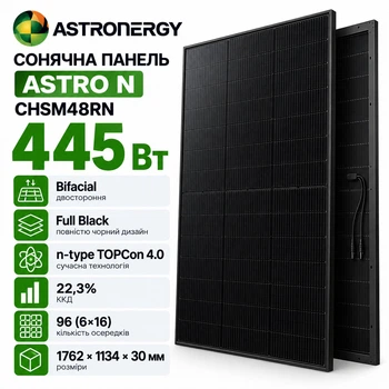 Солнечная панель Astronergy 445 Вт ASTRO N CHSM48RN Bifacial Full Black, N-type двухсторонняя