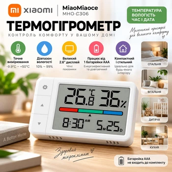 Термо-гігрометр Датчик Температури та Вологості MiaoMiaoce MHO-C306 Xiaomi 2.6" LCD, температура, вологість, час і дата, White