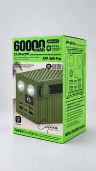 PowerBank REMAX RPP-609 Pro Expedition 60000 mAh 22.5W + PD 20W з LED-ліхтарями, оливковий