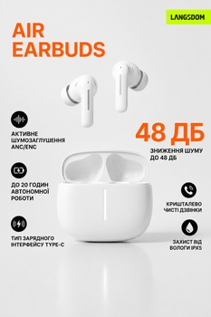 Беспроводные наушники Langsdom Air Earbuds с ANC/ENC, шумоподавлением до 48 дБ, Bluetooth, IPX5, Type-C