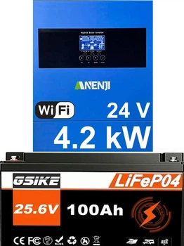 Комплект гибридный солнечный тихий инвертор 4,2 KW ANENJI 24 V/220 V ANJ-4200W-24V-W MPPT + Wi Fi + LiFePo4 24V 100aH 2560Wh аккумулятор с BMS