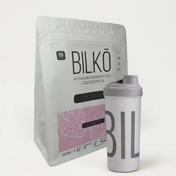 Ізолят протеїн Bilko 450 г (крафт-пакет) Полуниця + Шейкер
