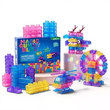 Детская игрушка Конструктор Magic Gummy Block на 40 деталей, мягкий, цветные детали, желейный эффект, 15-18,5-6,5 см